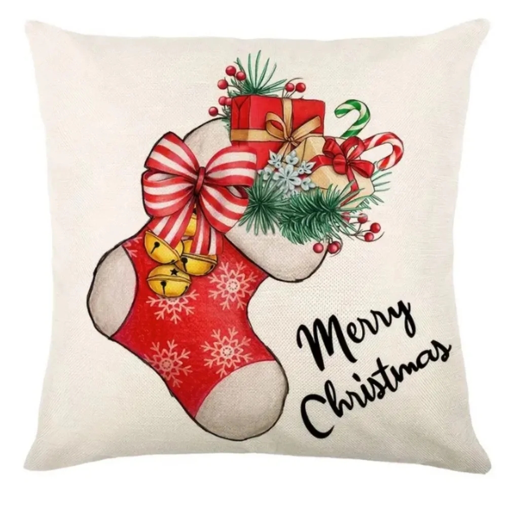 NEW HOLIDAY FILLED STOCKING MERRY CHRISTMAS LINEN PILLOW COVER 17.7